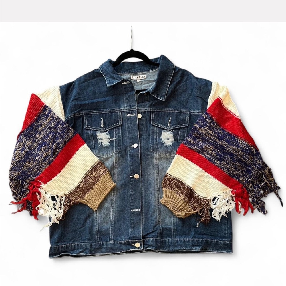 Blue Denim Jacket with Multicolor Knit Sleeves 3X